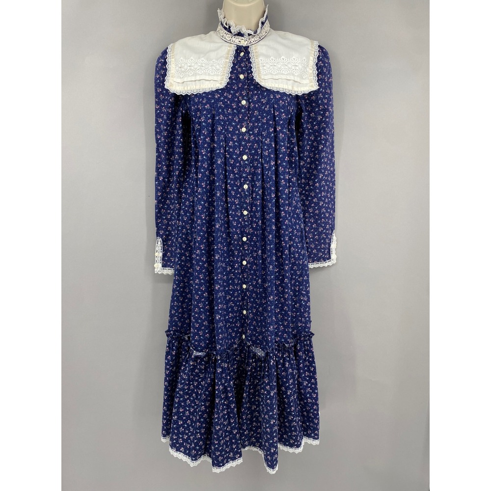 Vintage 70s Gunne Sax Floral Lace Maxi Dress Womens XXS Blue Prairie Cottagecore